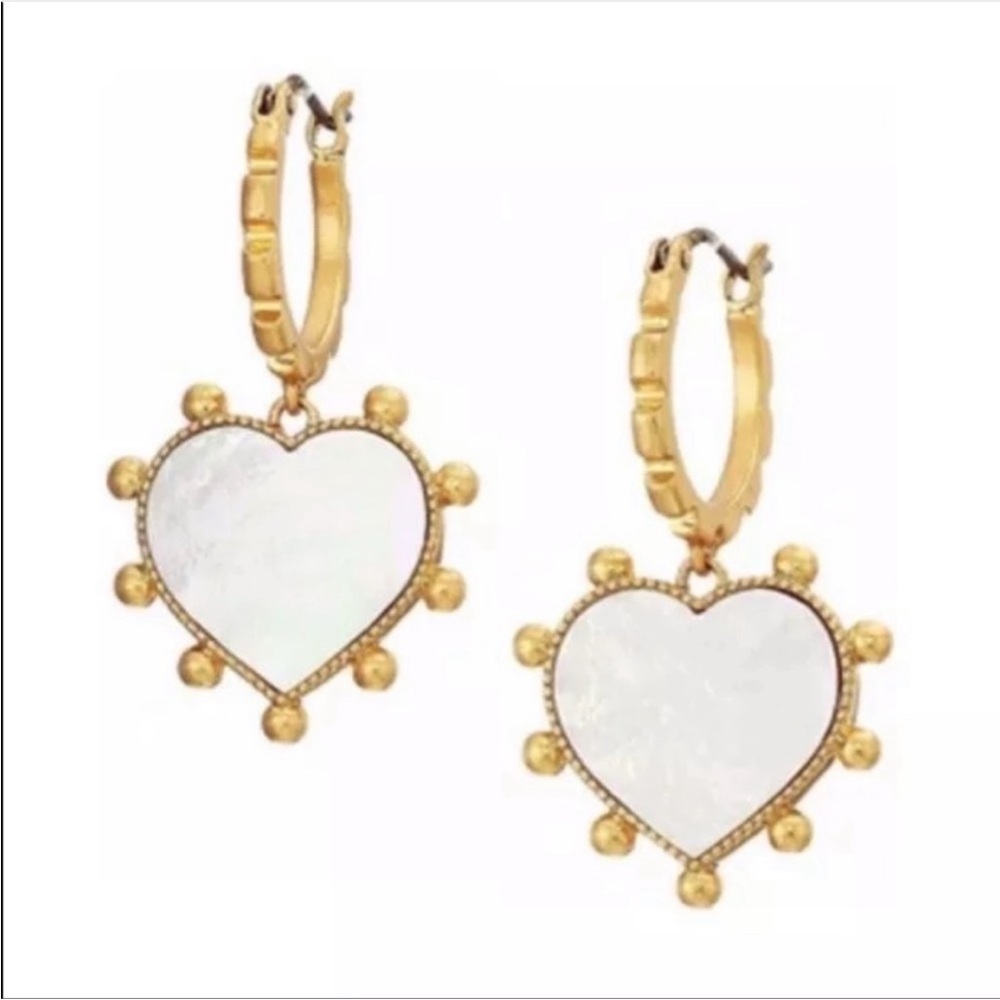New Tory Burch Mother of Pearl Gold Tone Heart Drop Earrings